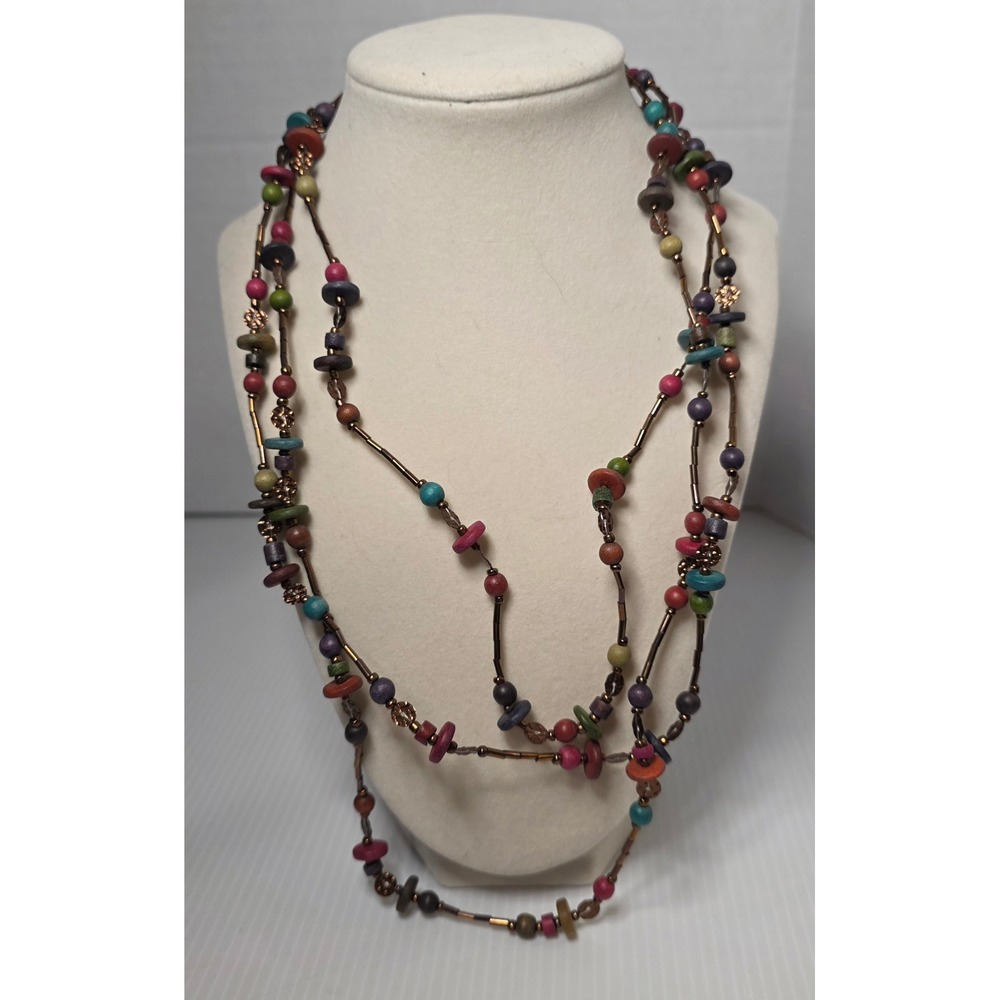 Caracol Long Wrap Necklace Colorful Wood Bead Boho Statement Strand